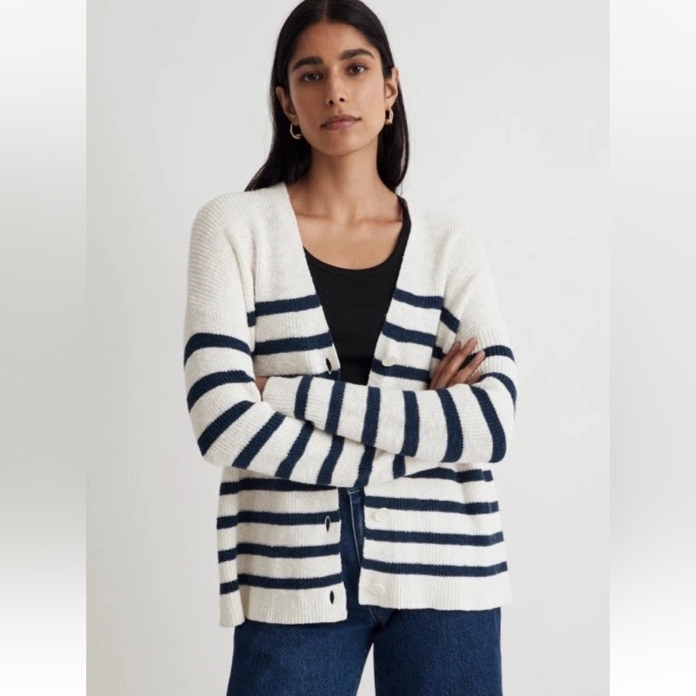 Madewell V-Neck Button-Front Long Cardigan Sweater Navy & White Striped Sz XS - Picture 2 of 13
